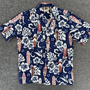 Vintage Winnie Fashion Hawaiian Shirt Mens M Blue Surfboard Made Hawaii Vacation